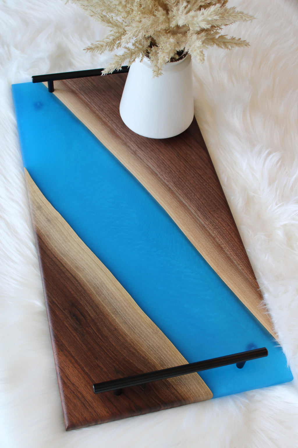 Black Walnut Charcuterie Cheese Board/Serving Tray with central blue resin river and black metal handles