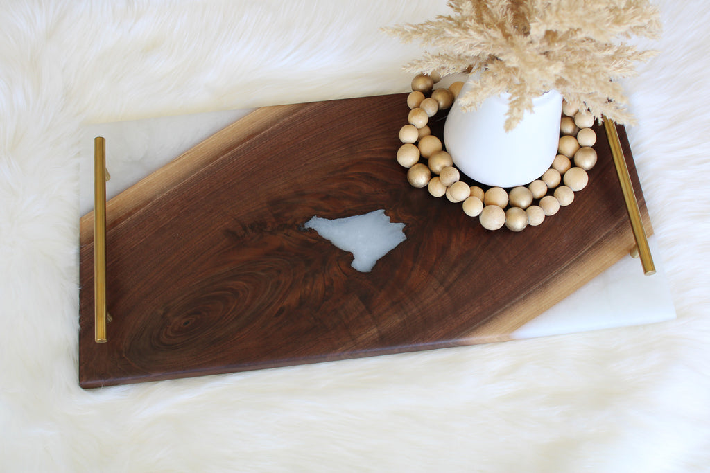 Black Walnut Charcuterie Cheese Board/Serving Tray with Pearl Resin and gold coloured handles