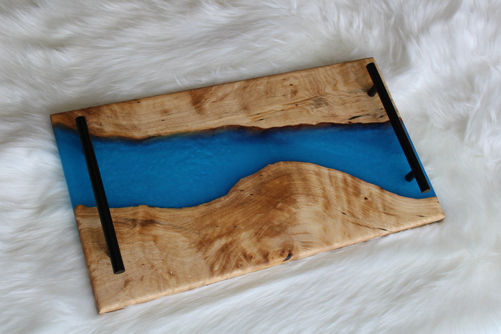 Medium Birch Charcuterie Cheese Board/Serving Tray with Carribean-Blue Resin River and black metal handles