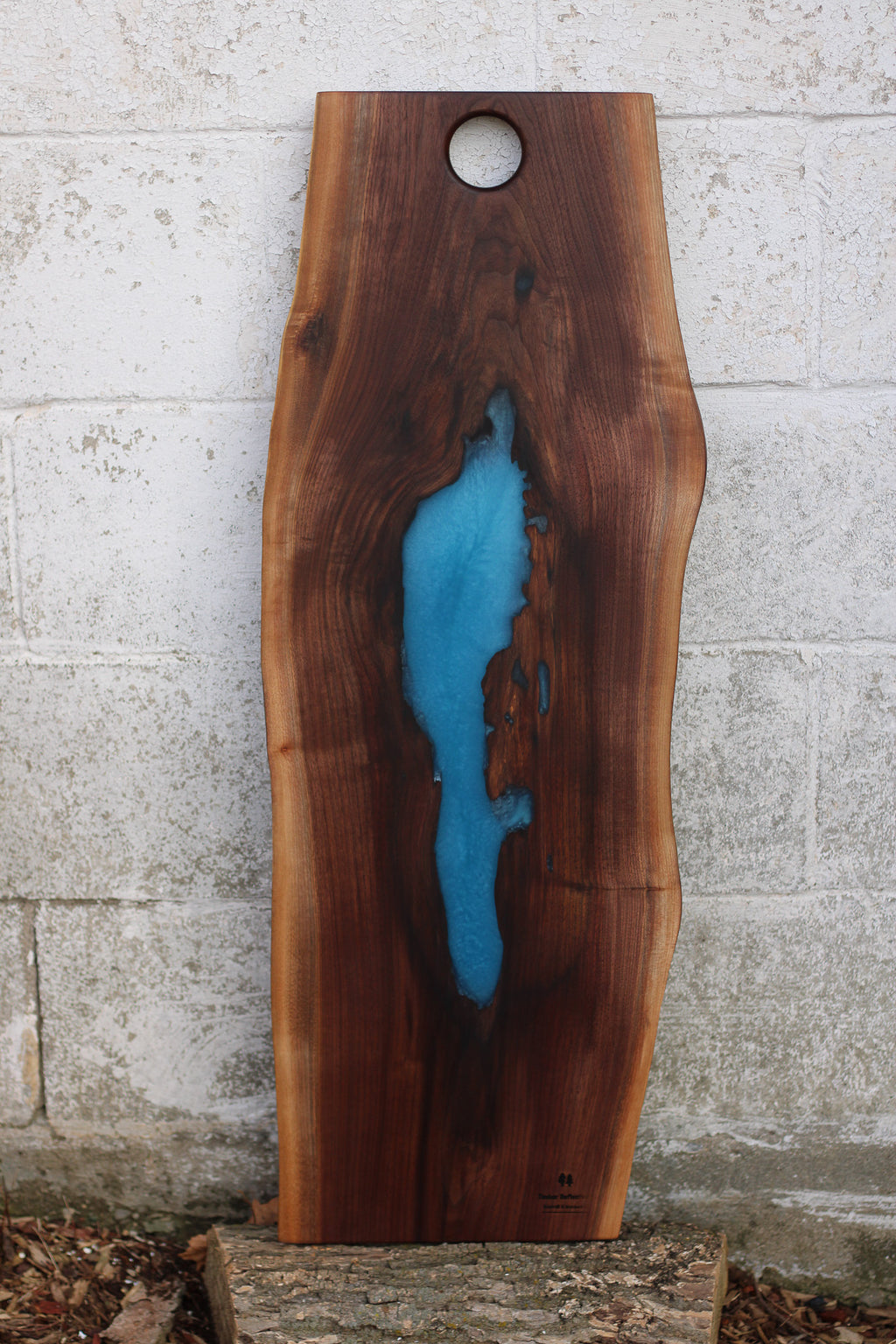 Live Edge Black Walnut Charcuterie Board with Resin Lake.  Back pictured