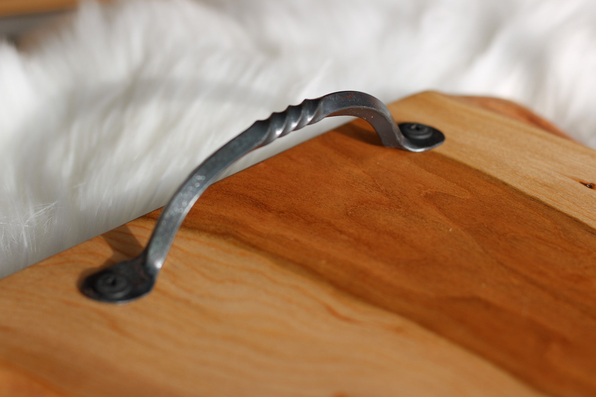 Cherry charcuterie cheese board serving tray with hand forged metal handles