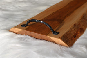 Cherry charcuterie cheese board serving tray with hand forged metal handles