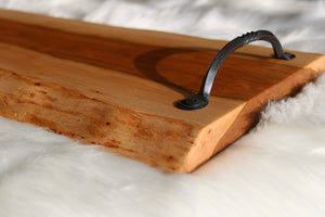 Cherry charcuterie cheese board serving tray with hand forged metal handles