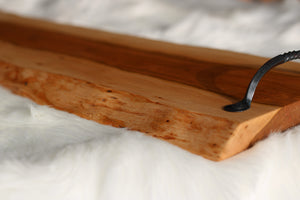 Cherry charcuterie cheese board serving tray with hand forged metal handles