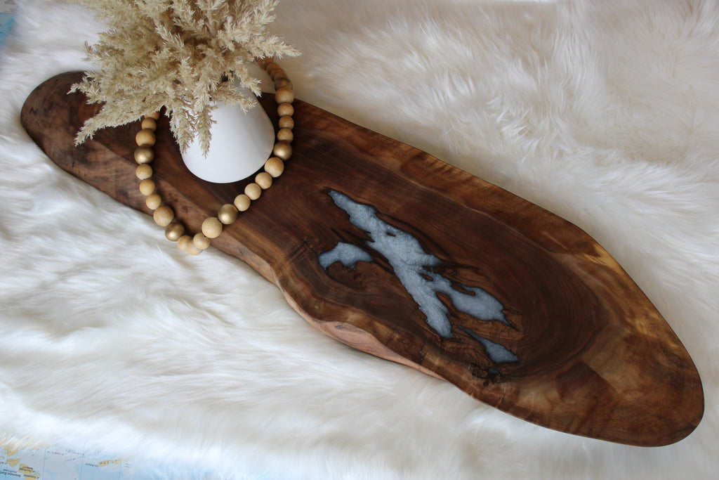 Live Edge Black Walnut Oval-Shaped Charcuterie Cheese Grazing Board with Pearl Resin Inlay
