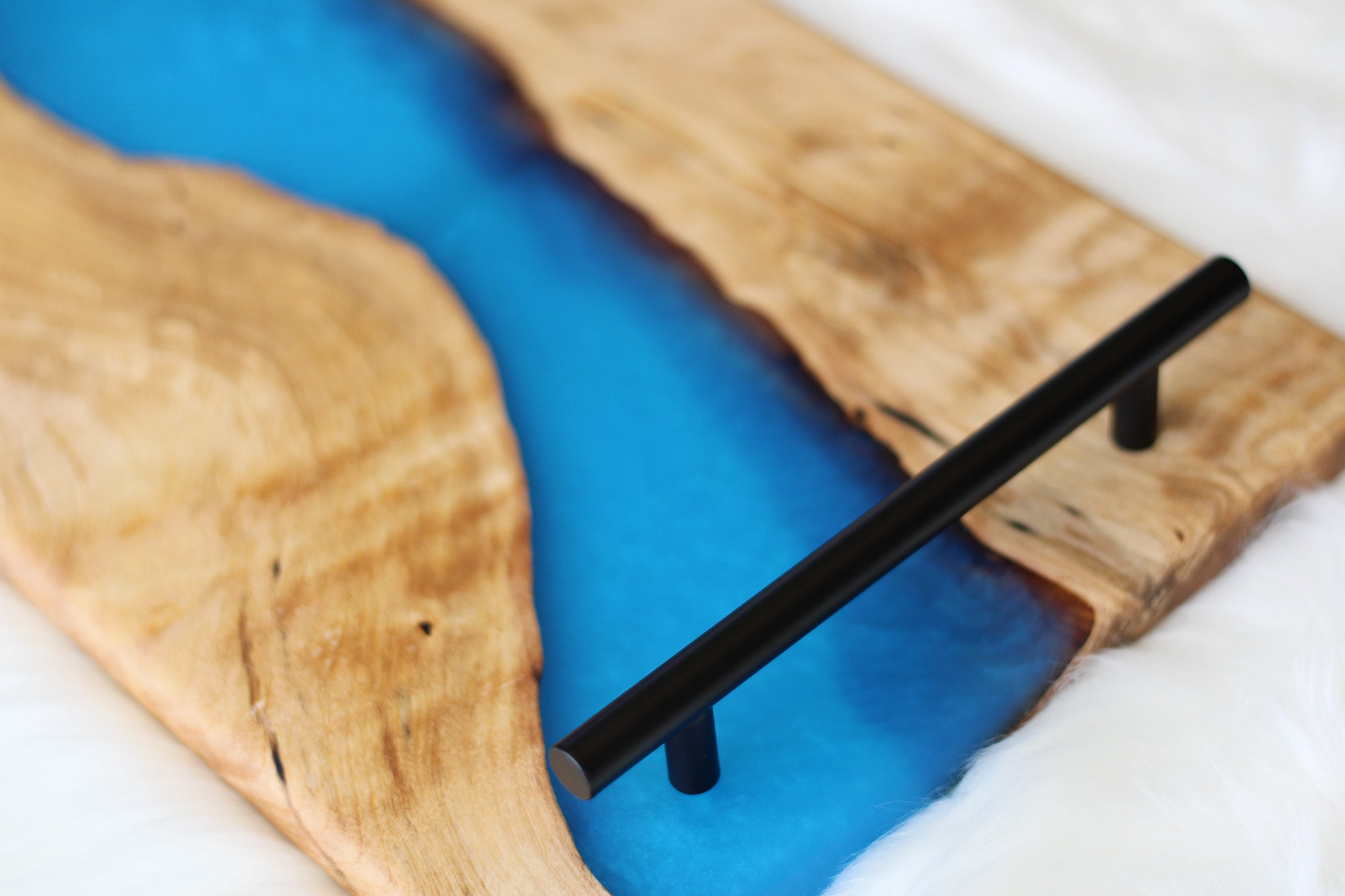 Medium Birch Charcuterie Cheese Board/Serving Tray with Carribean-Blue Resin River and black metal handles