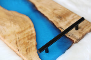 Medium Birch Charcuterie Cheese Board/Serving Tray with Carribean-Blue Resin River and black metal handles