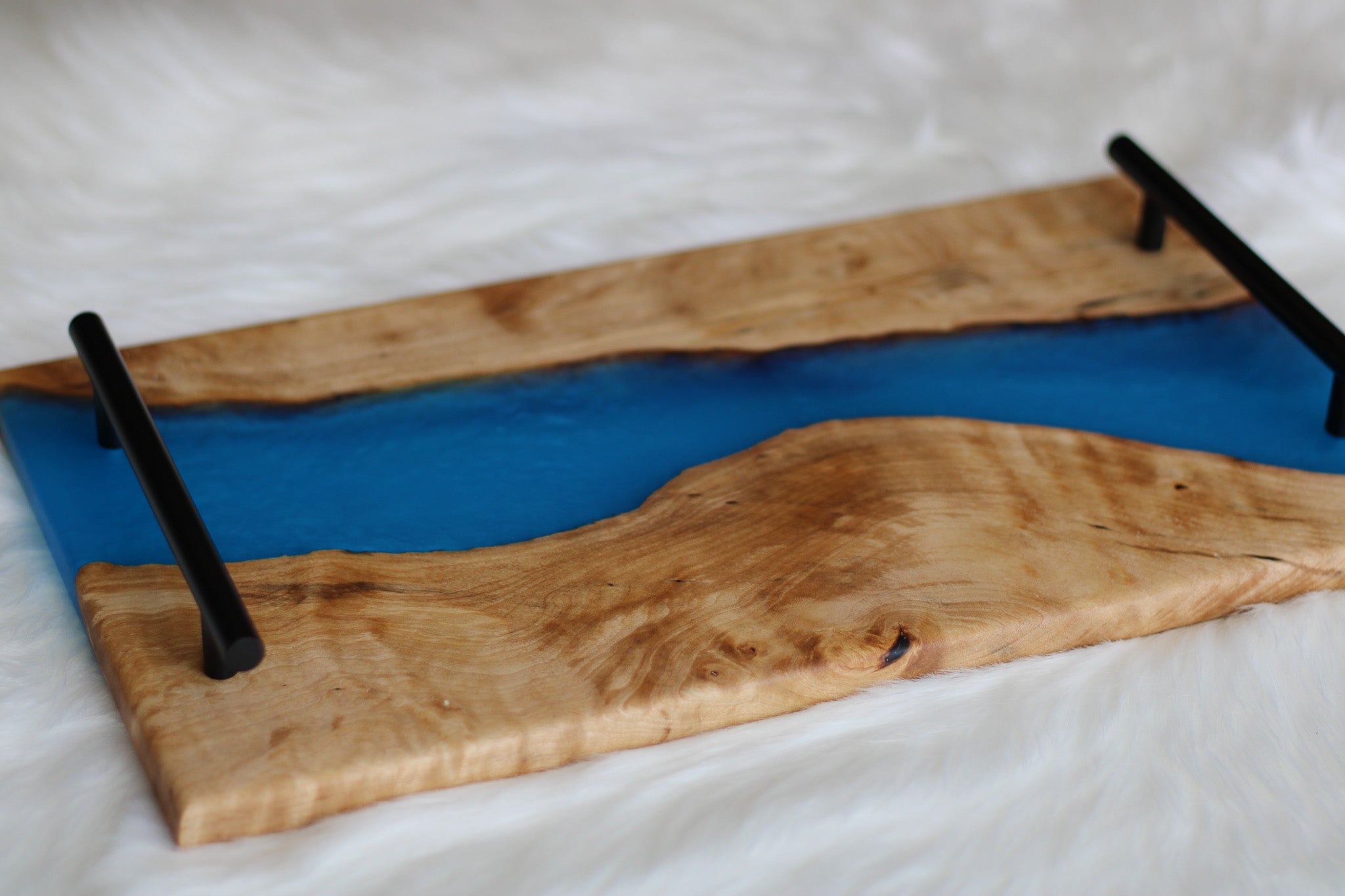 Medium Birch Charcuterie Cheese Board/Serving Tray with Carribean-Blue Resin River and black metal handles