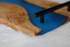 Medium Birch Charcuterie Cheese Board/Serving Tray with Carribean-Blue Resin River and black metal handles