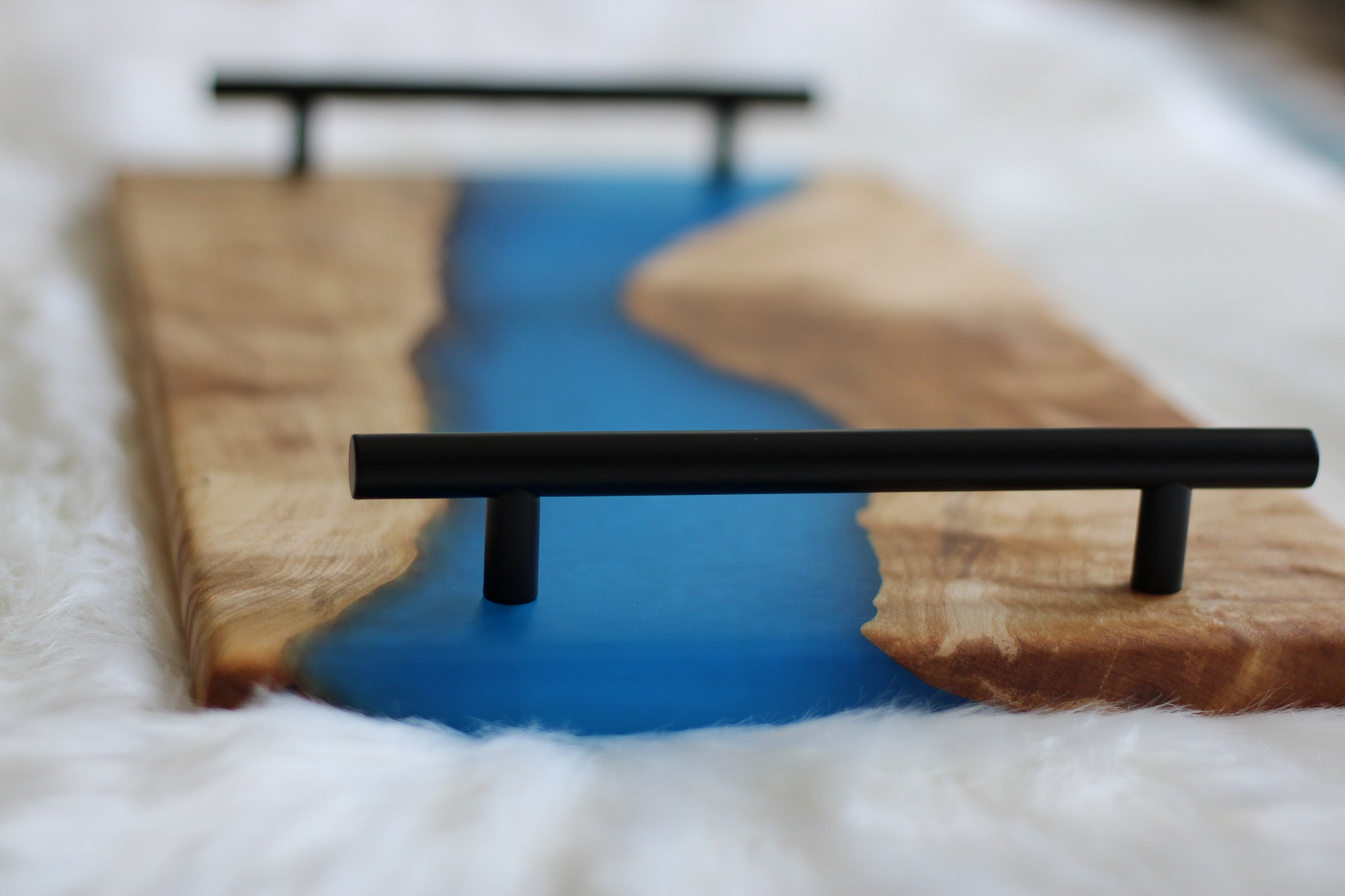 Medium Birch Charcuterie Cheese Board/Serving Tray with Carribean-Blue Resin River and black metal handles