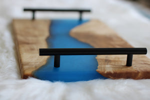 Medium Birch Charcuterie Cheese Board/Serving Tray with Carribean-Blue Resin River and black metal handles