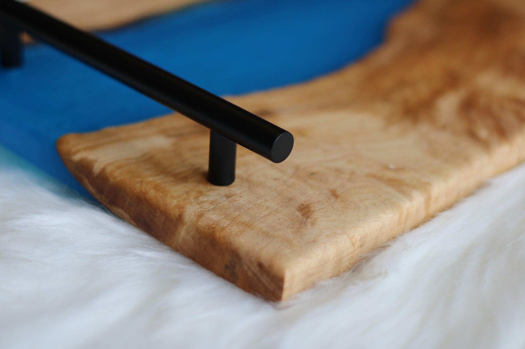Medium Birch Charcuterie Cheese Board/Serving Tray with Carribean-Blue Resin River and black metal handles
