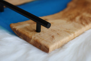 Medium Birch Charcuterie Cheese Board/Serving Tray with Carribean-Blue Resin River and black metal handles