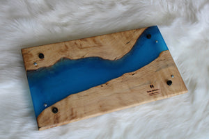 Medium Birch Charcuterie Cheese Board/Serving Tray with Carribean-Blue Resin River and black metal handles