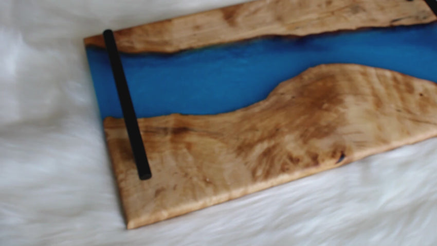 Medium Birch Charcuterie Cheese Board/Serving Tray with Carribean-Blue Resin River and black metal handles