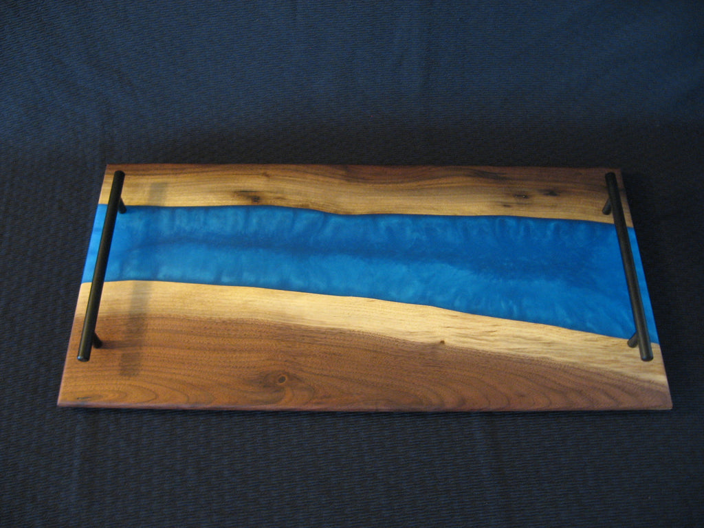 Blue Epoxy River Black Walnut Charcuterie Board/Serving Tray.  Front pictured.
