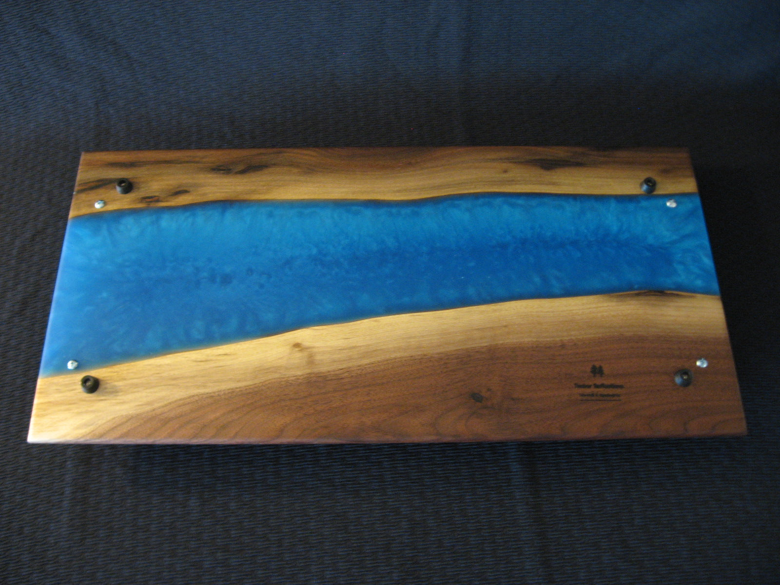 Blue Epoxy River Black Walnut Charcuterie Board/Serving Tray.  Back pictured.