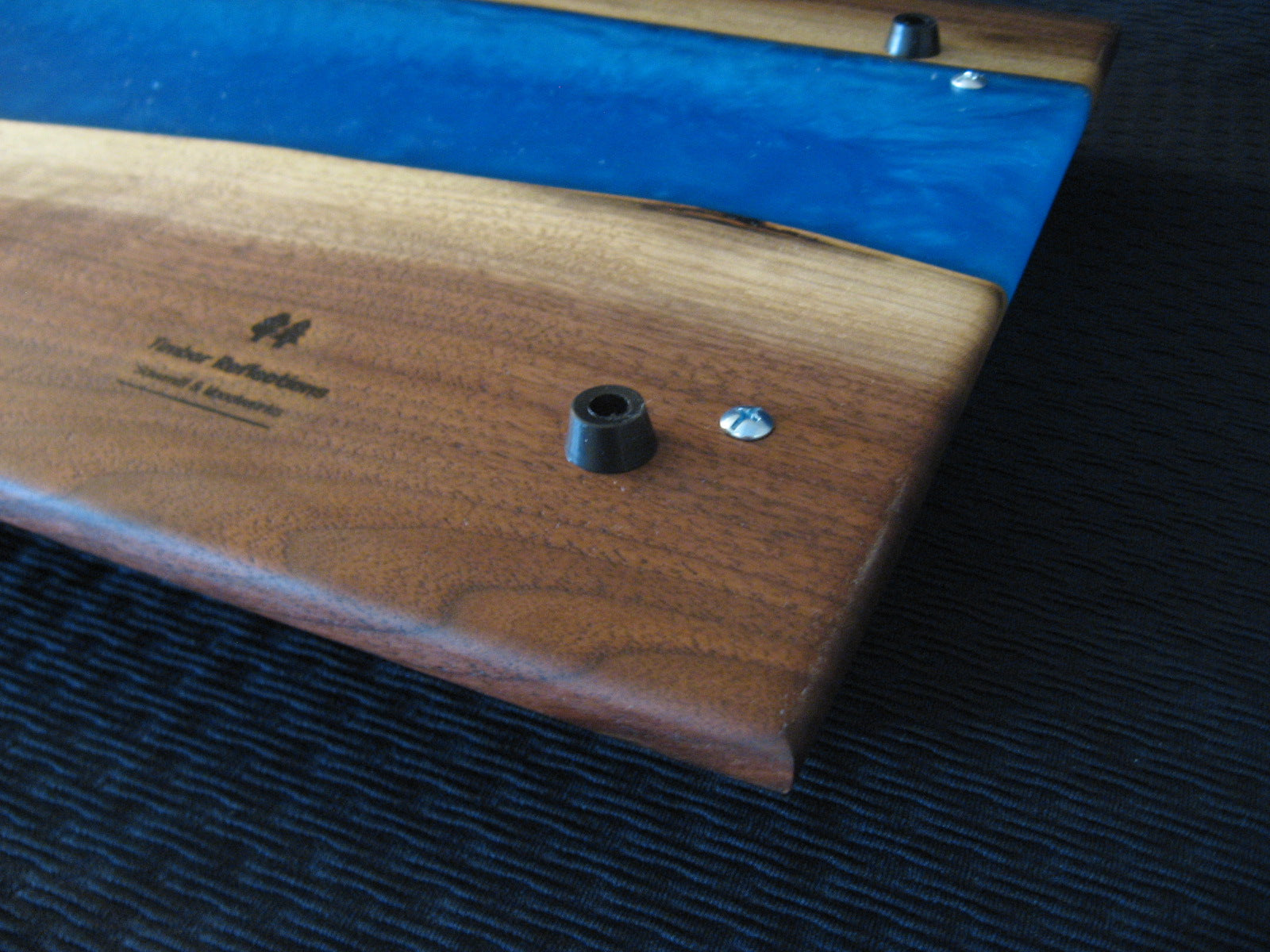 Blue Epoxy River Black Walnut Charcuterie Board/Serving Tray.  Anti slip feet pictured.