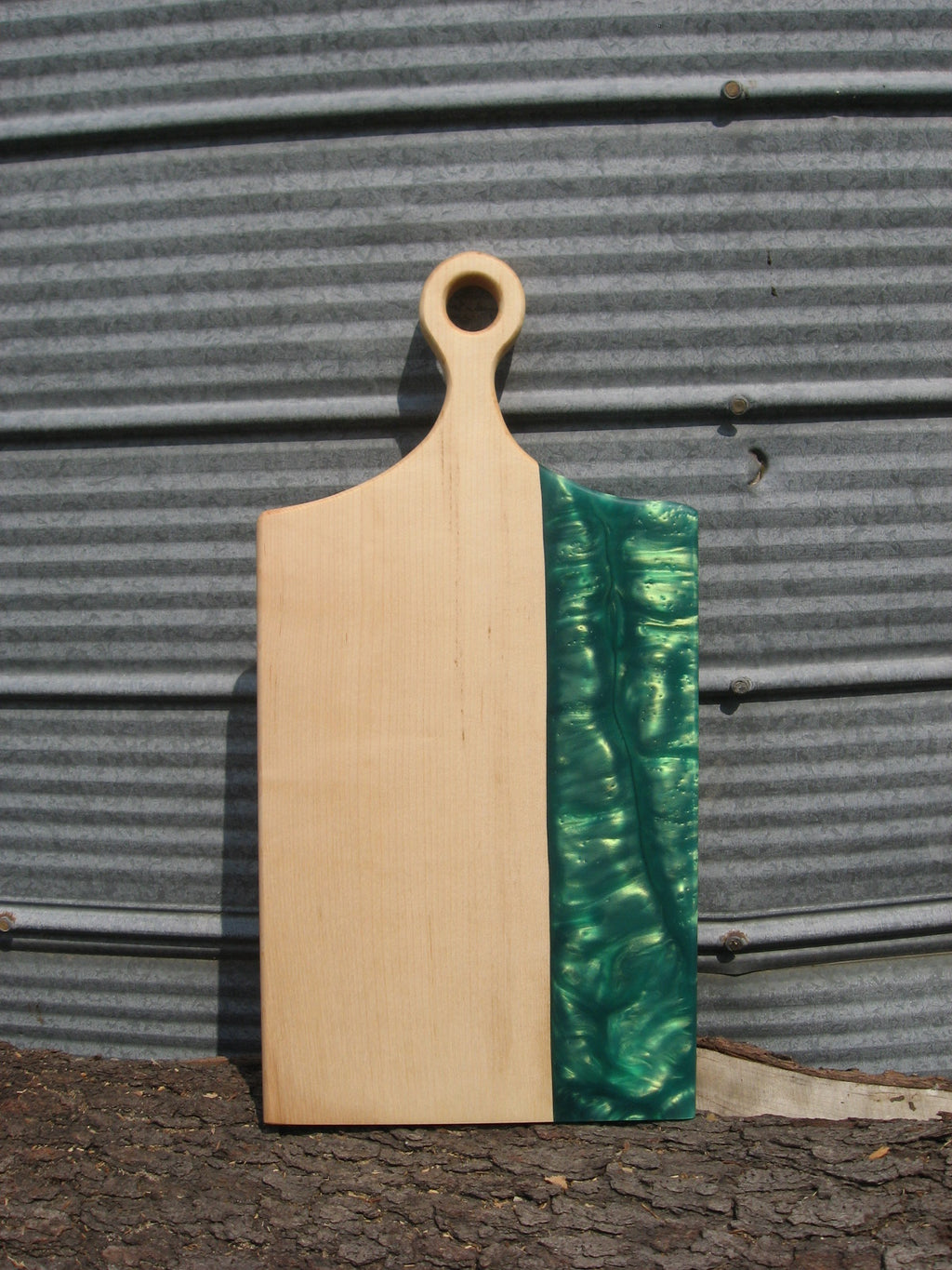 Canadian Sugar Maple Charcuterie Cheese Board with Green Epoxy. Front pictured.