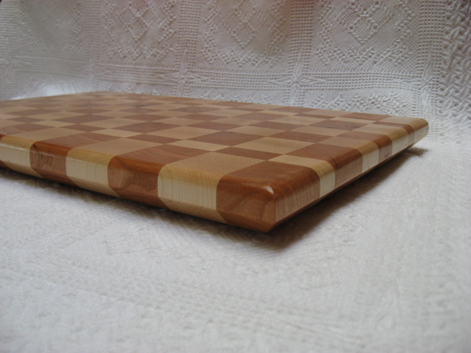 Maple & Cherry End Grain Cutting Board.  Beveled edge shown.