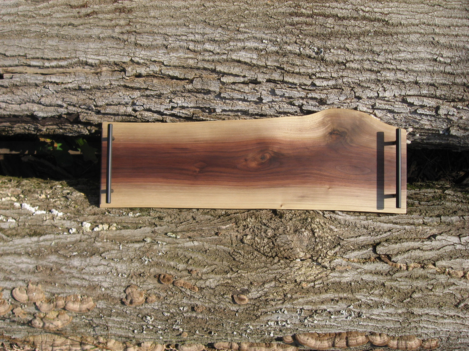 Live Edge Black Walnut Charcuterie Board Serving Tray with Black Metal Handles. Front pictured.