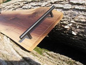 Live Edge Black Walnut Charcuterie Board Serving Tray with Black Metal Handles.  Side pictured.