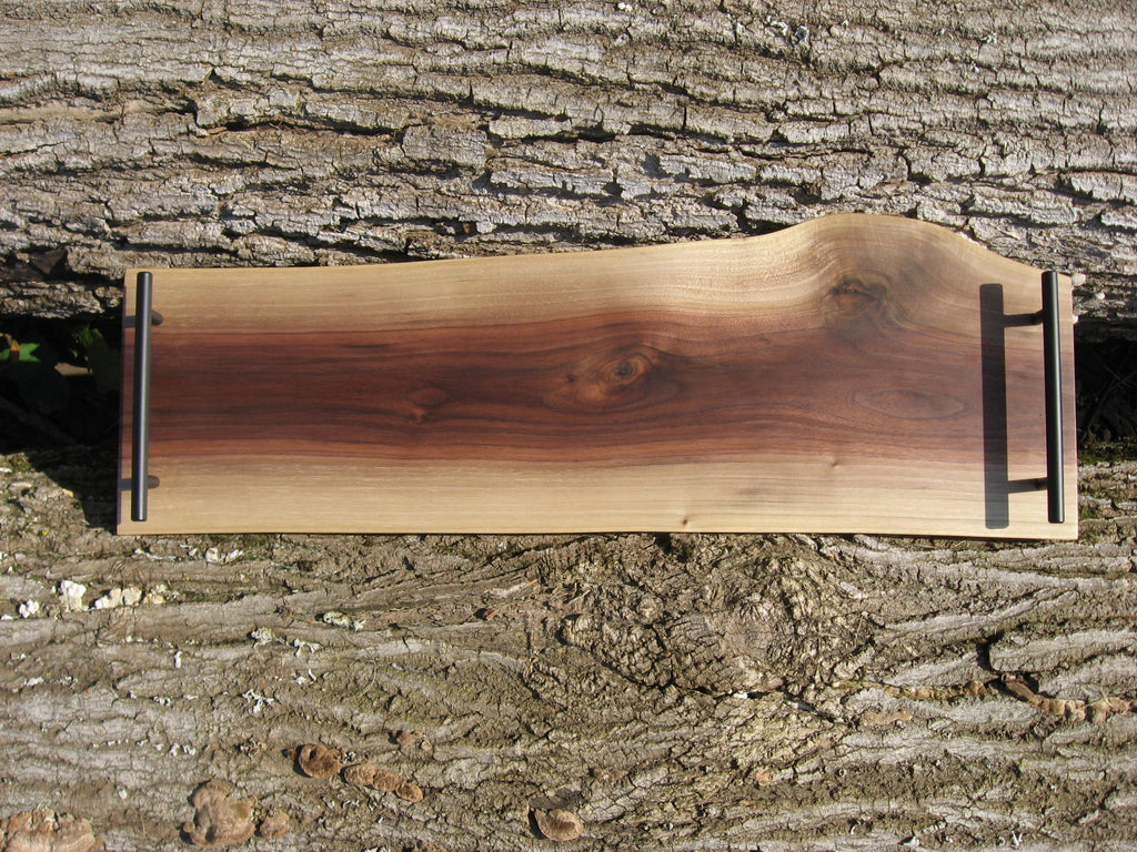 Live Edge Black Walnut Charcuterie Board Serving Tray with Black Metal Handles.  Front pictured.