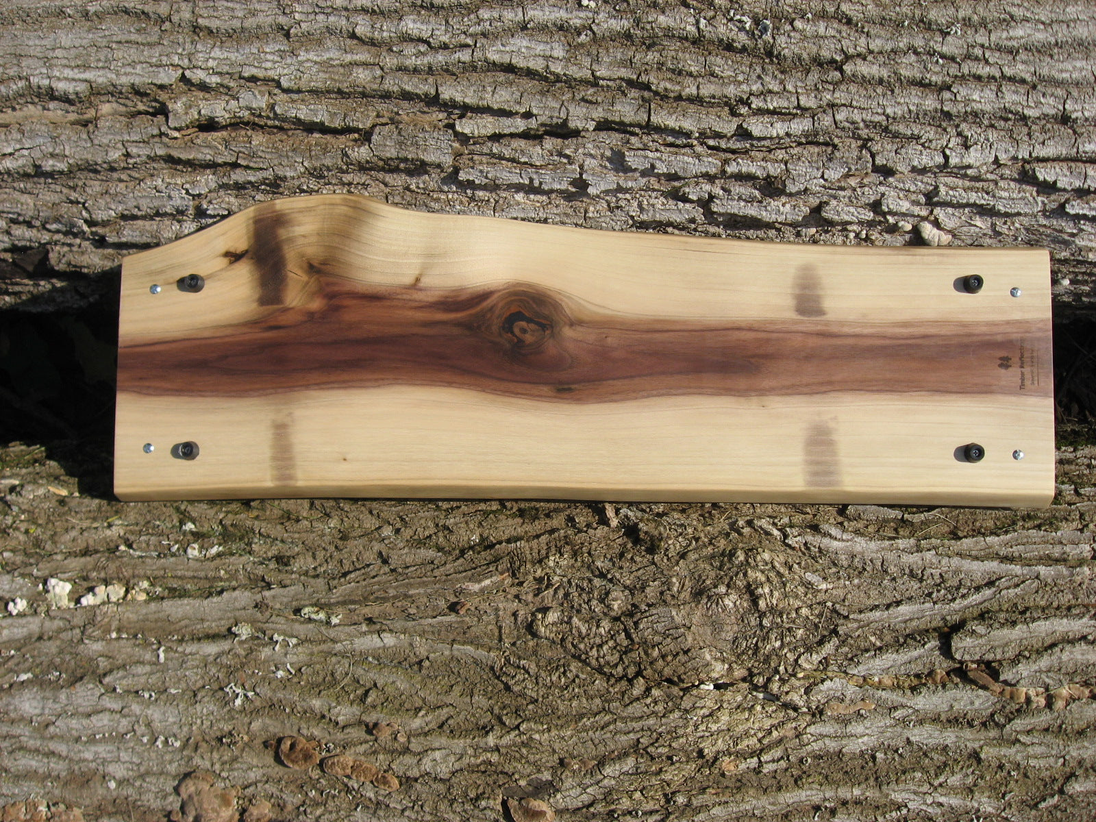 Live Edge Black Walnut Charcuterie Board Serving Tray with Black Metal Handles. Back pictured.