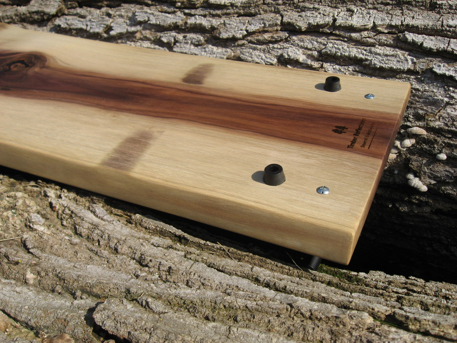 Live Edge Black Walnut Charcuterie Board Serving Tray with Black Metal Handles. Anti-slip feet pictured.