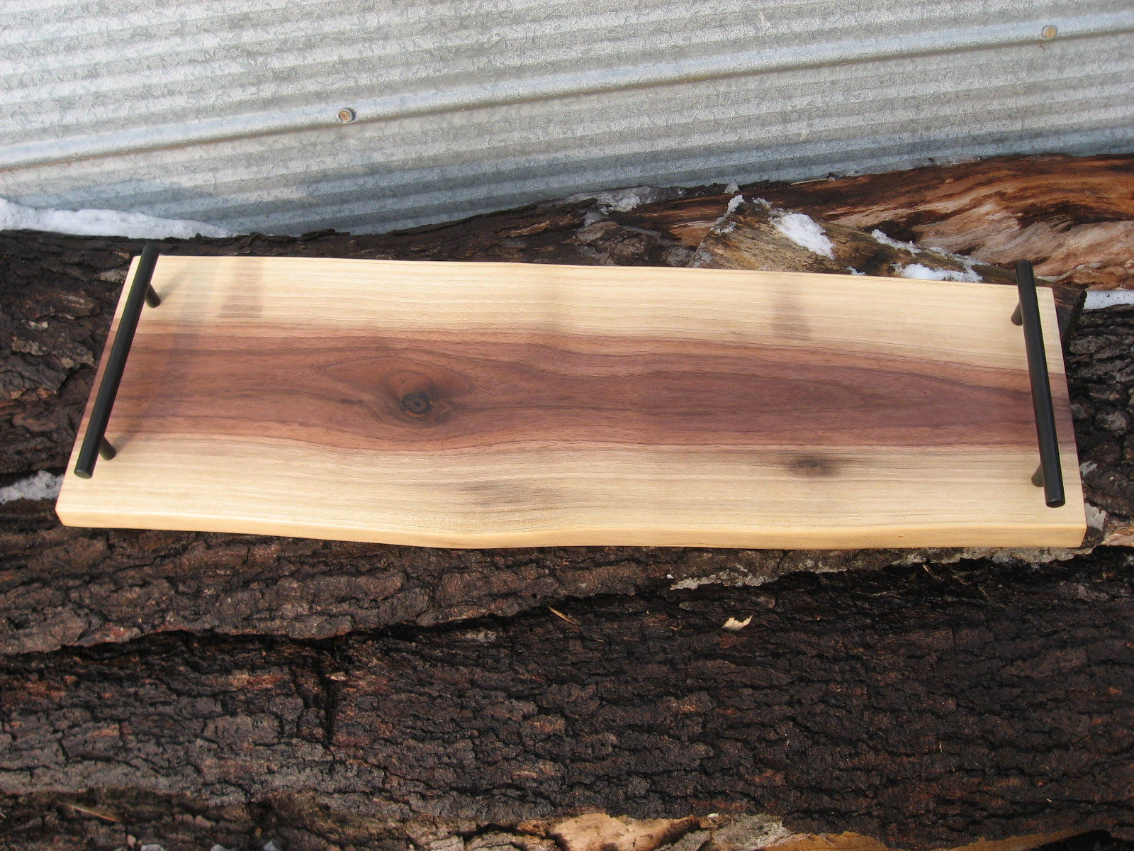 Live Edge Black Walnut Charcuterie Board Serving Tray with Black Metal Handles.  Front pictured.