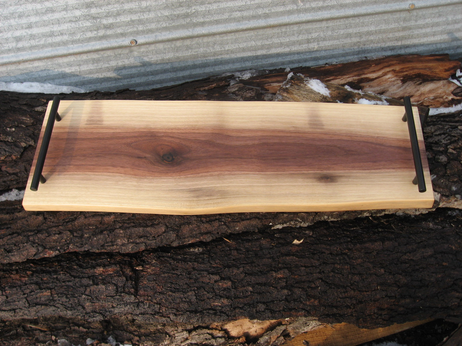 Live Edge Black Walnut Charcuterie Board Serving Tray with Black Metal Handles.  Front pictured.