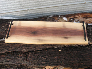 Live Edge Black Walnut Charcuterie Board Serving Tray with Black Metal Handles.  Front pictured.