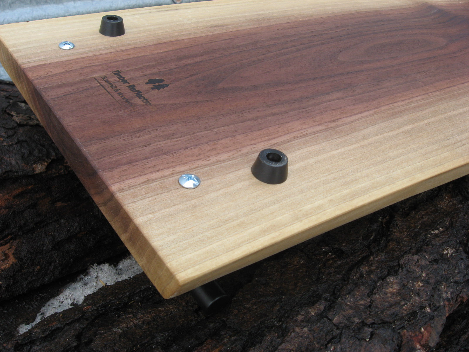 Live Edge Black Walnut Charcuterie Board Serving Tray with Black Metal Handles.  Anti slip feet pictured.
