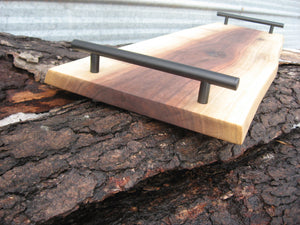 Live Edge Black Walnut Charcuterie Board Serving Tray with Black Metal Handles.  Handles pictured.