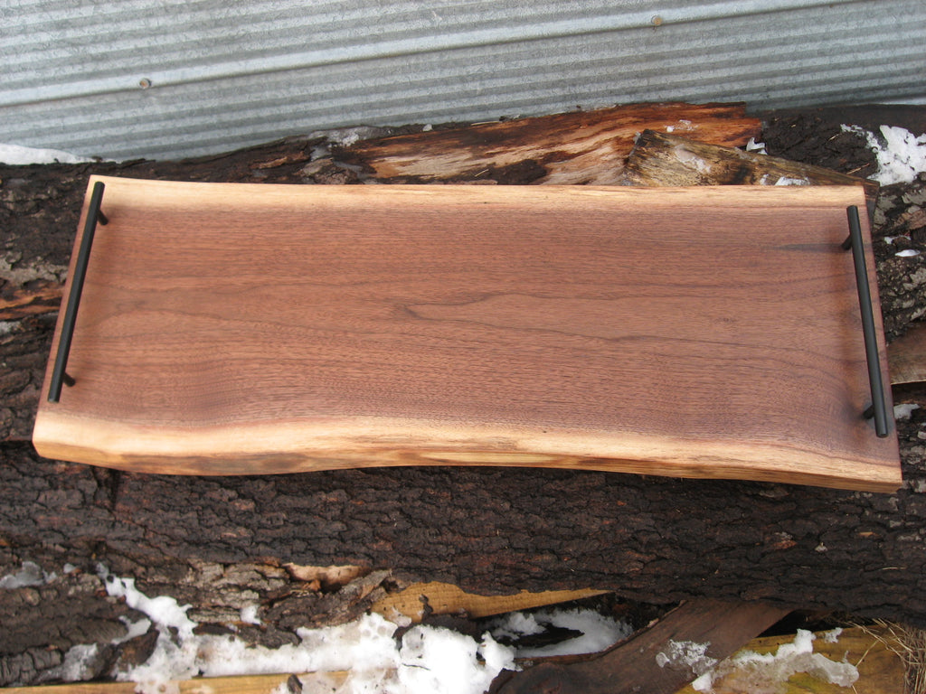 Live Edge Black Walnut Charcuterie Grazing Board with Black Metal Handles.  Front pictured