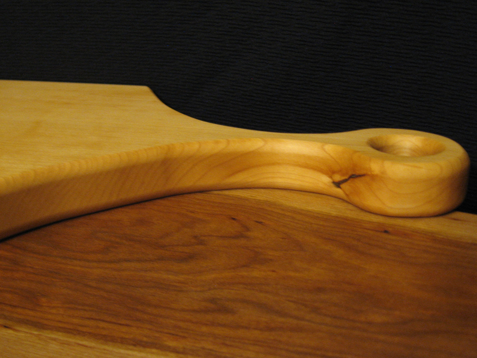 Live Edge Canadian Sugar Maple Charcuterie Cheese Board with Handle.  Handle detail pictured.