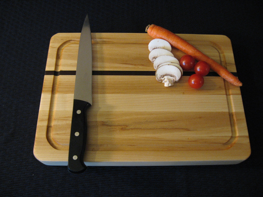 Maple and Walnut Medium Long Grain Reversible Cutting Bread Board with juice groove pictured
