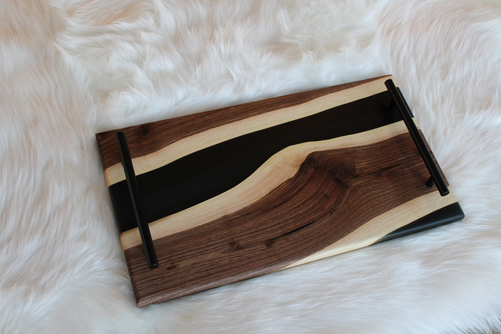 Medium Black Walnut Charcuterie Board/Serving Tray with black resin and black metal handles