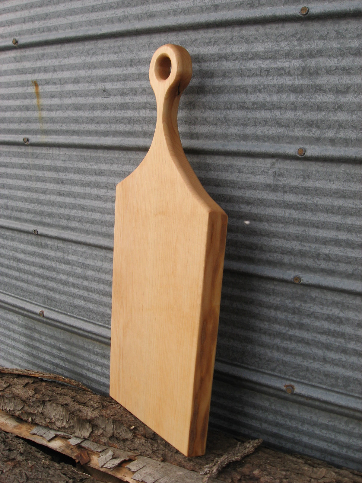 Rustic Live Edge Canadian Sugar Maple Charcuterie Cheese Serving Board with Handle.  Front and live edge pictured.